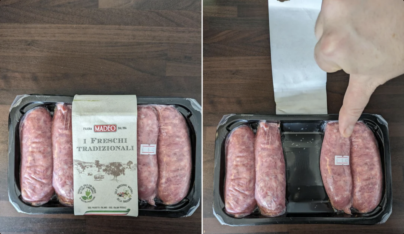 Two packaged raw sausages in a plastic tray, one image with a lid and one without, showing a finger pointing to a sausage. Labels have Italian text