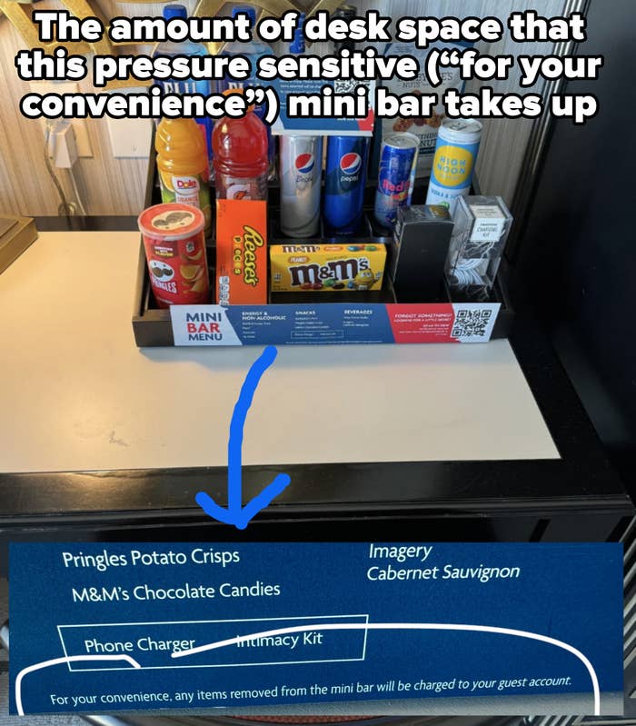 Hotel room minibar with assorted snacks and drinks including Pepsi, M&M's, Reese's, gummy bears, Pringles, water bottles, and protein bars displayed on a black desk