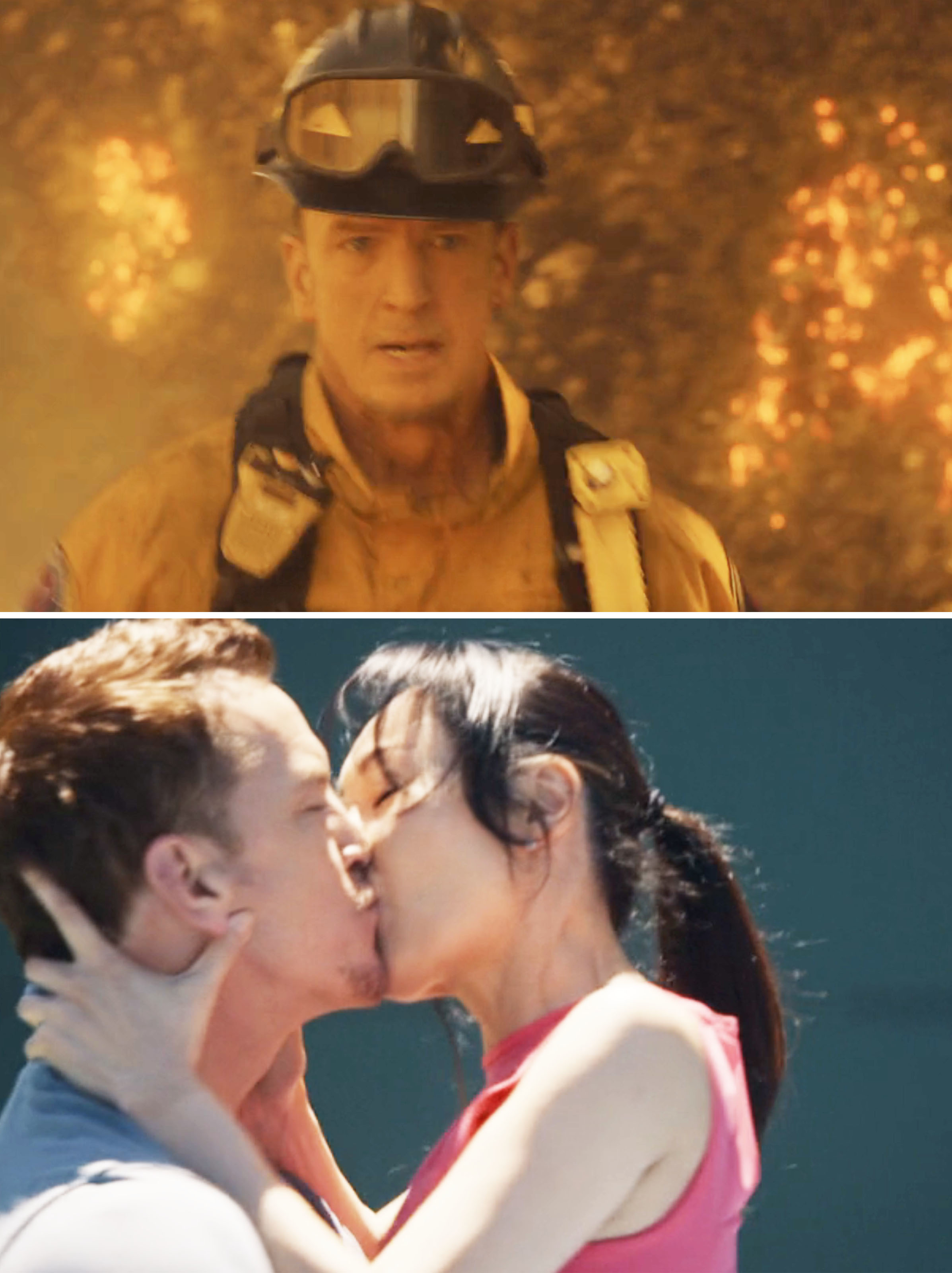 Two photos of Beckett, one with him fighting a wildfire vs. him and Jinny kissing
