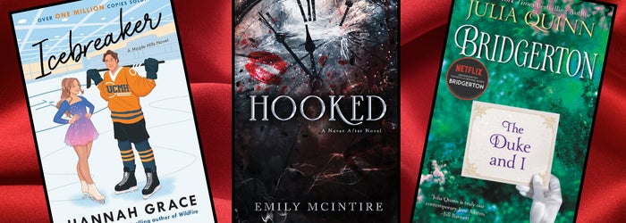 Book covers for "Icebreaker" by Hannah Grace, "Hooked" by Emily McIntire, and "Bridgerton: The Duke and I" by Julia Quinn