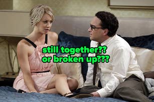 Kaley Cuoco in a pink dress and Johnny Galecki in a white shirt and tie sit on a bed. Text on image: "still together?? or broken up???"