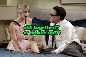 Kaley Cuoco in a pink dress and Johnny Galecki in a white shirt and tie sit on a bed. Text on image: "still together?? or broken up???"