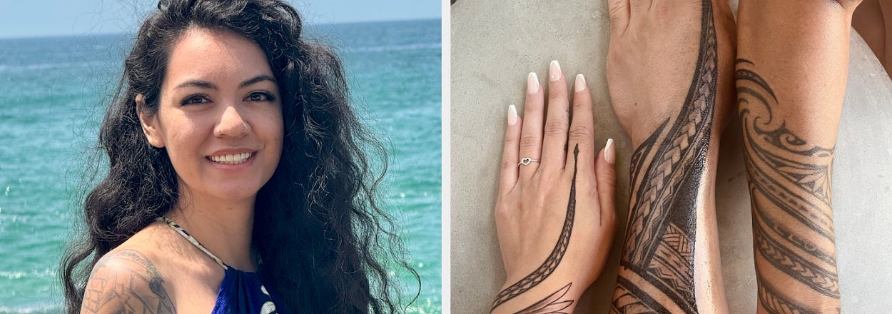 Left: Woman with long curly hair and floral halter top, smiling by the ocean. Right: Three hands with intricate Polynesian tattoos