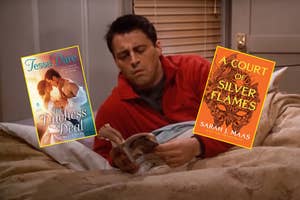 A person is reading a book in bed. Overlaid are the covers of "The Duchess Deal" by Tessa Dare and "A Court of Silver Flames" by Sarah J. Maas