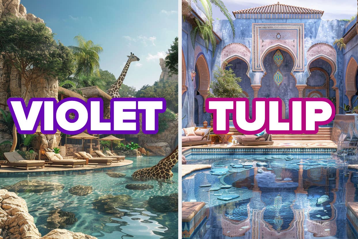 Two photos side by side. Left: A luxurious resort pool with giraffes. Right: An elegant indoor pool with intricate architecture. Text: "Violet" and "Tulip."