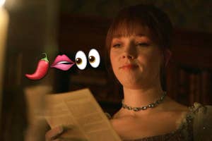 Eloise from "Bridgerton" in period costume reads a paper, with a chili pepper, lips, and eyes emojis to her left