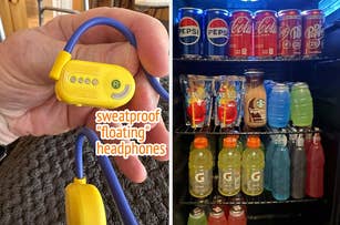 Hand holding yellow sweatproof floating headphones next to a refrigerator filled with various drinks, including Pepsi, Coca-Cola, and sports drinks