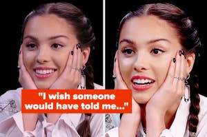 Olivia Rodrigo looks thoughtful in two side-by-side images with the text, "I wish someone would have told me..."