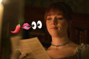 Eloise from "Bridgerton" in period costume reads a paper, with a chili pepper, lips, and eyes emojis to her left