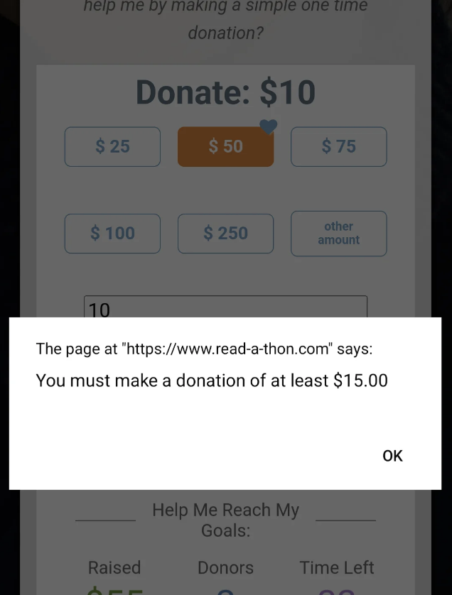 A webpage with a donation form prompts, "You must make a donation of at least $15.00." Options include donation amounts of $25, $50, $75, $100, and $250