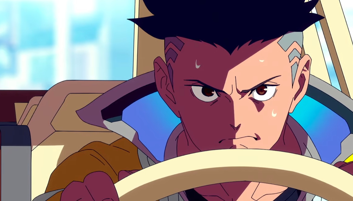 David Martinez, a character from Cyberpunk: Edgerunners, looks intense while driving