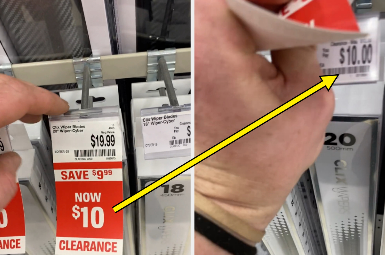 A display shows wiper blades on clearance for $10, discounted from $19.99. Right side shows a hand holding a $10 price tag