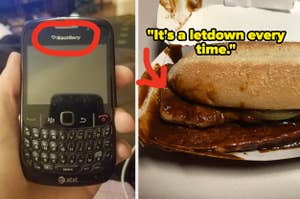 On the left, a hand holds a BlackBerry phone; on the right, a McDonald's McRib sandwich appears squished with the text "It's a let down every time"