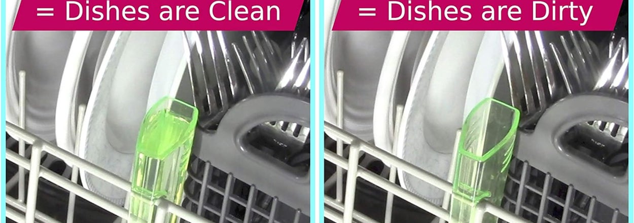 Dishwasher indicator sign showing "Clean" with water and "Dirty" without water, positioned on dishwasher rack