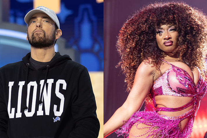 Eminem wears a Lions hoodie and cap, Megan Thee Stallion in a vibrant stage outfit with fringe, performing