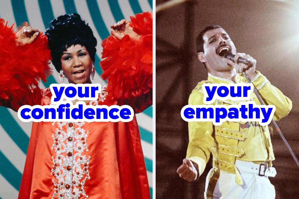 Aretha Franklin singing with raised arms, wearing an elaborate outfit with feathered sleeves. Freddie Mercury singing passionately in a military-style jacket. Text reads: "your confidence" and "your empathy"