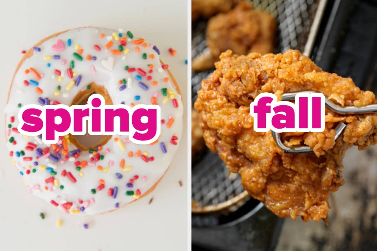 Split image. Left side shows a donut with sprinkles labeled "spring." Right side shows fried chicken being fried, labeled "fall."