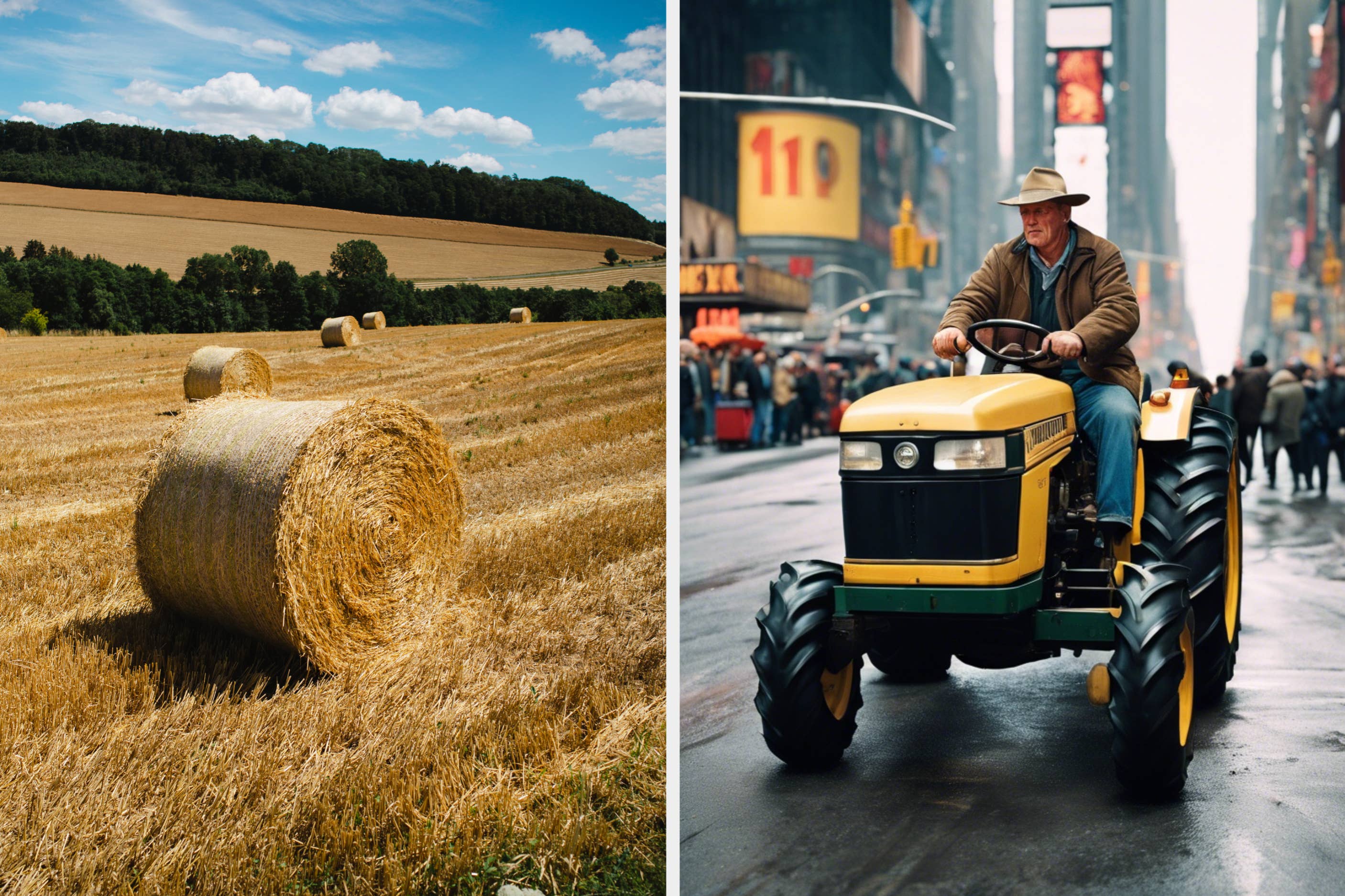 Left: Hay bales in a harvested field. Right: Man in a cowboy hat and jacket drives a yellow tractor in a busy city street