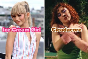 On the left, Zendaya wearing a striped ensemble labeled Ice Cream Girl, and on the right, Chappell Roan wearing a green dress in front of greenery in the Hot to Go music video labeled Cicadcore