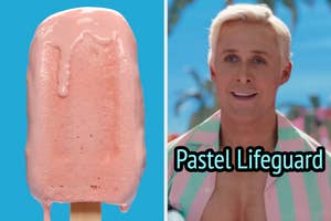 On the left, a melting popsicle, and on the right, Ryan Gosling on the beach as Ken in Barbie labeled Pastel Lifeguard