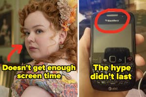 Penelope from "Bridgerton" Season 3 with the text: "Doesn't get enough screen time;" on the right, an old BlackBerry phone labeled "The hype didn't last"