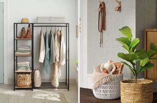 Minimalist home entryway with a black metal coat rack holding neutral-toned clothing, assorted shelves, baskets, and a plant in a wicker basket