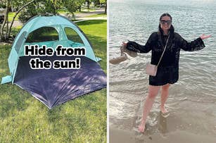 A beach tent is set up on a grassy area with text reading "Hide from the sun"; In the second image, a reviewer stands at the water's edge wearing a black crochet coverup