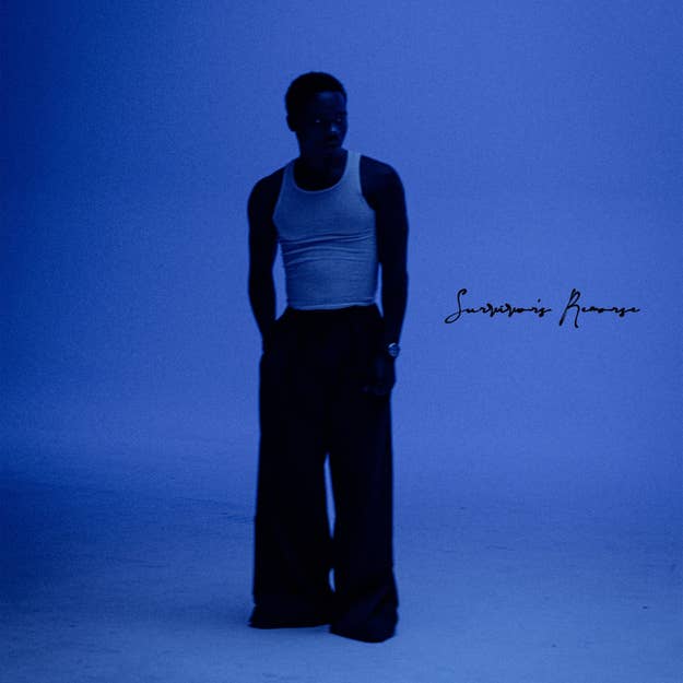 Musician stands in a blue-toned backdrop, wearing a white tank top and wide-leg pants, with the text "Survivor's Remorse" beside him