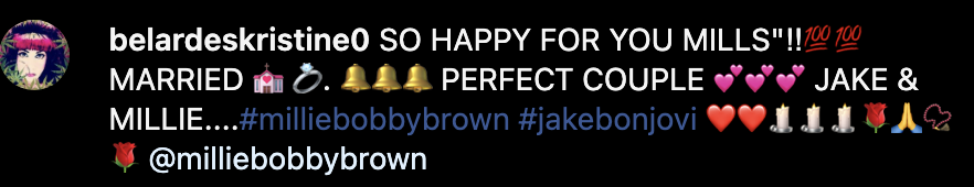 Social media post by belardeskristine0 congratulating Jake Bon Jovi and Millie Bobby Brown on their marriage, calling them the perfect couple