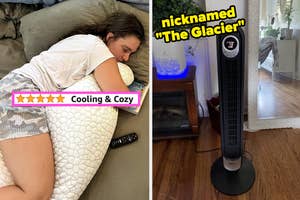 On the left, a person is lying on a bed hugging a pillow with the text "★★★★★ Cooling & Cozy." On the right, a tower fan with "The Glacier" displayed nearby