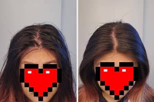 Side-by-side comparison image showing hair before and after using dry shampoo