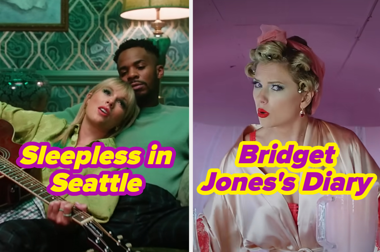 Taylor Swift and a man seated closely, labeled "Sleepless in Seattle." Taylor Swift dressed in a silk robe, labeled "Bridget Jones's Diary."