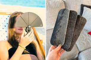 Left: model uses a sun shade attached to their phone; Right: Hand holding three dust-covered ceiling fan air purifiers