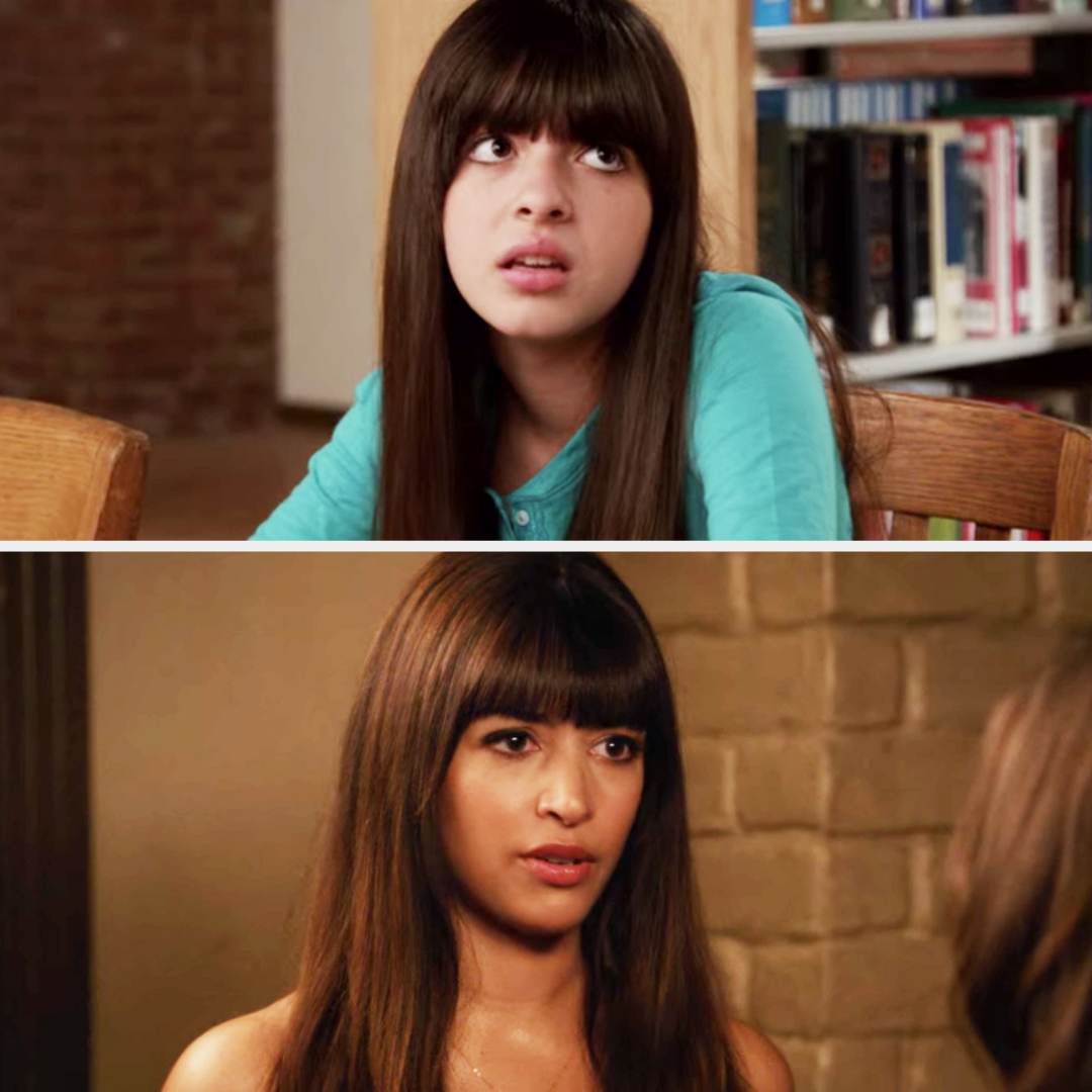 Hannah Simone as Cece from "New Girl" in two scenes: one looking confused while seated, the other standing and facing front