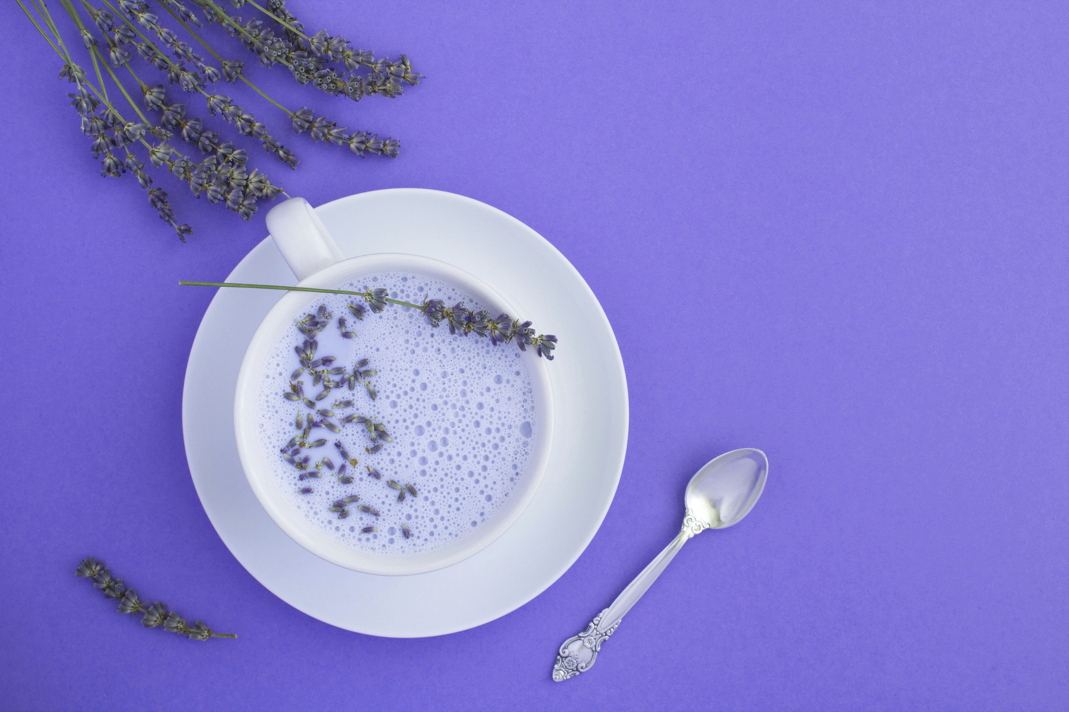 A cup of lavender-infused milk with sprigs of lavender on a purple background, accompanied by a spoon and additional lavender sprigs