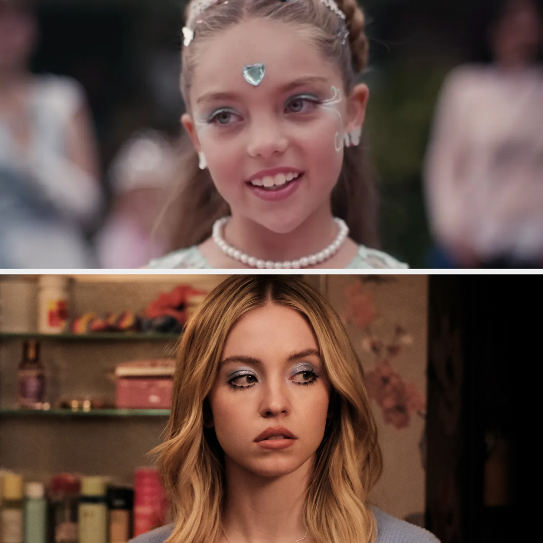 Top: A young girl with decorative face jewels and a pearl necklace. Bottom: Sydney Sweeney looking ahead, wearing a light top with subtle makeup in a room with shelves