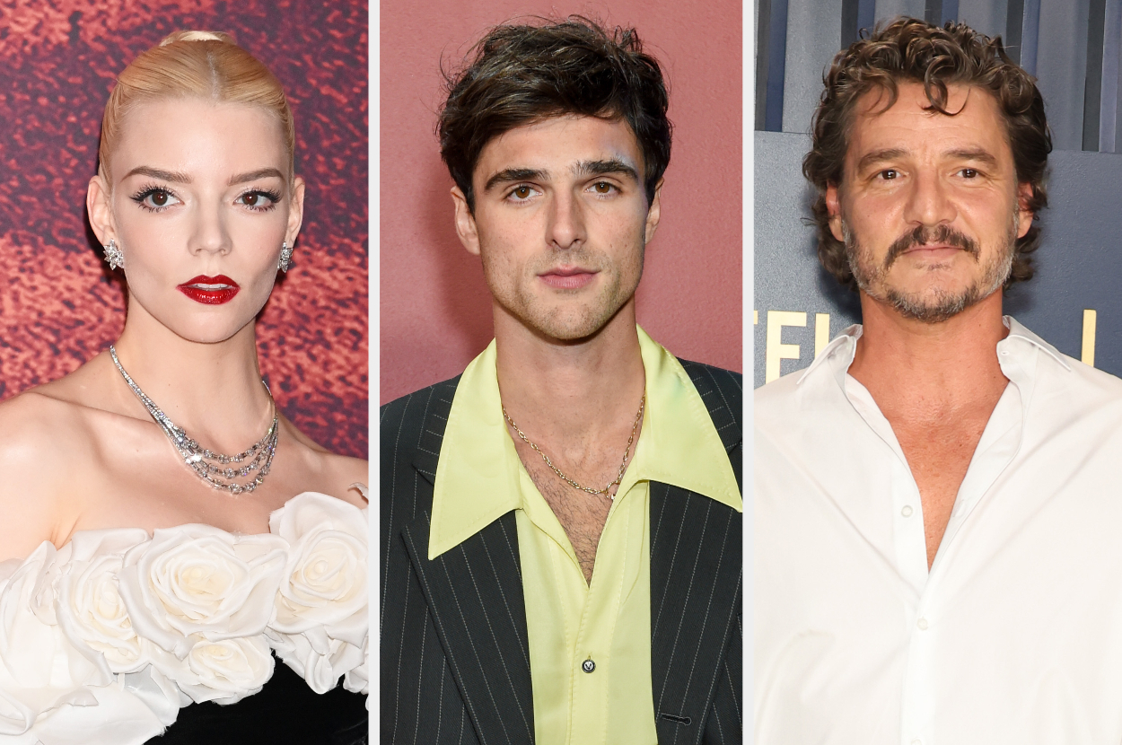 Anya Taylor-Joy in a strapless dress with white floral details, Jacob Elordi in a pinstripe suit with a lime green shirt, and Pedro Pascal in a white button-up shirt