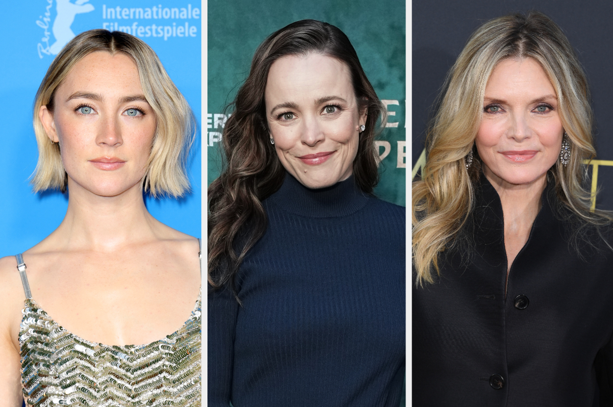 Saoirse Ronan in a sleeveless dress with a metallic pattern, Rachel McAdams in a long-sleeve turtleneck, and Michelle Pfeiffer in a black jacket on various event backgrounds