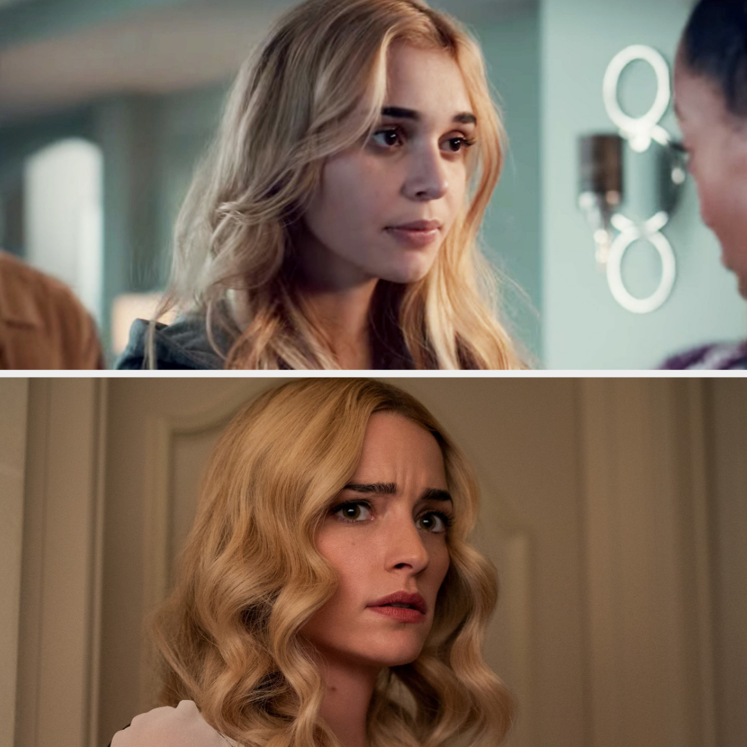 Side-by-side images of Ginny & Georgia's Brianne Howey, with a concerned expression in both scenes
