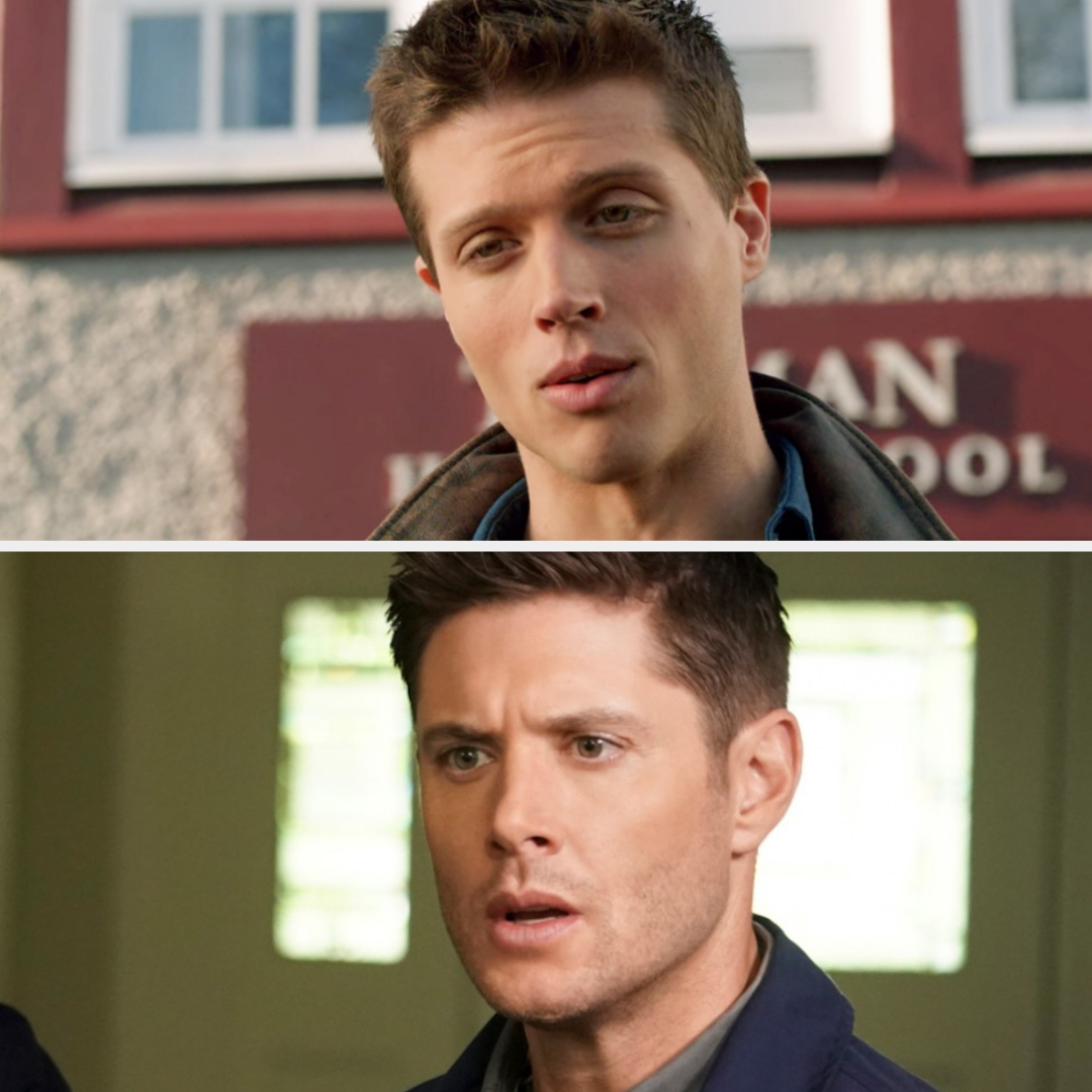 Top: Brock Kelly in a casual jacket, background with a building sign. Bottom: Jensen Ackles in a jacket, indoors looking surprised