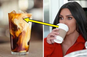 Kim Kardashian drinks coffee from a paper cup, alongside an image of a glass of iced coffee with milk swirling in it