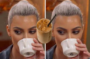 Kim Kardashian drinks from a white mug. The image is mirrored with an iced coffee between the reflections