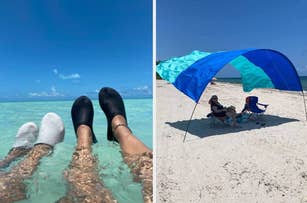 Two images: left shows two pairs of feet in water wearing slip-on shoes; right shows a couple on a beach under a canopy with beach chairs