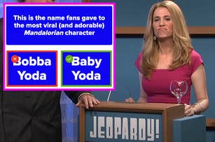 Kristen Wiig as Kathie Lee on SNL's celebrity Jeopardy next to a screenshot of the question this is the name fans gave to the most viral and adorable Mandalorian character with Bobba Yoda incorrectly selected as the answer