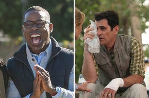 Sterling K. Brown on the left, smiling and clapping. Ty Burrell on the right, seated, holding an ice pack to his face, with a bandaged hand