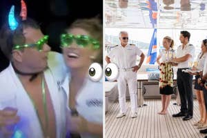 Left photo: Two people with glowing accessories enjoying a party. Right photo: Yacht crew, wearing white uniforms, serve guests on deck