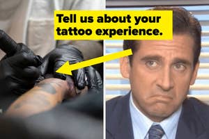 A tattoo artist's gloved hands are tattooing a person's forearm. Text overlay reads, "What was your tattoo experience like?"