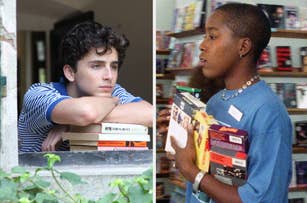 Timothée Chalamet leans on books by a windowsill. Video store scene from "The Watermelon Woman"