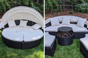 Outdoor patio furniture set with cushioned seating, canopy cover, and a central table on a grassy yard