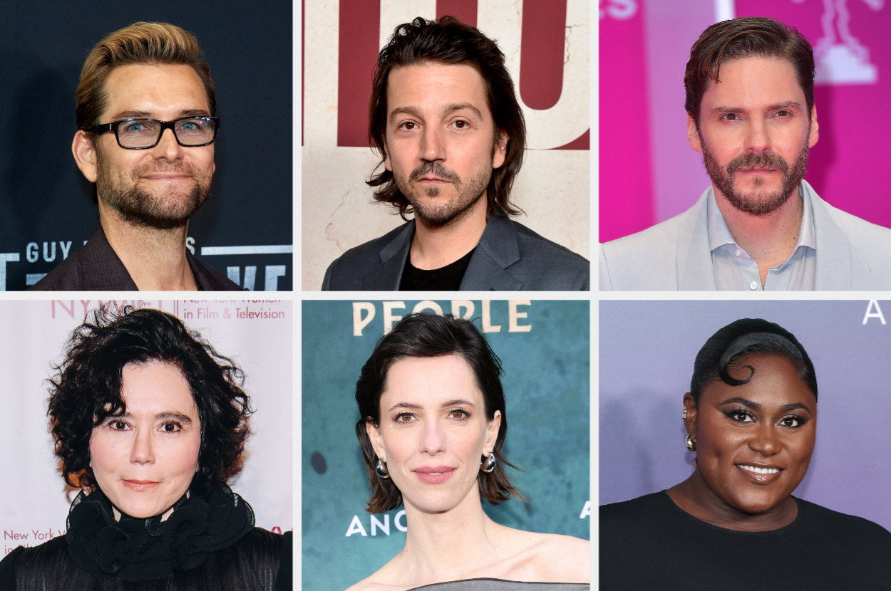 Travis Fimmel, Diego Luna, Daniel Brühl, Alex Borstein, Rebecca Hall, and Danielle Brooks, in a three-by-two collage. They are posing for event photos